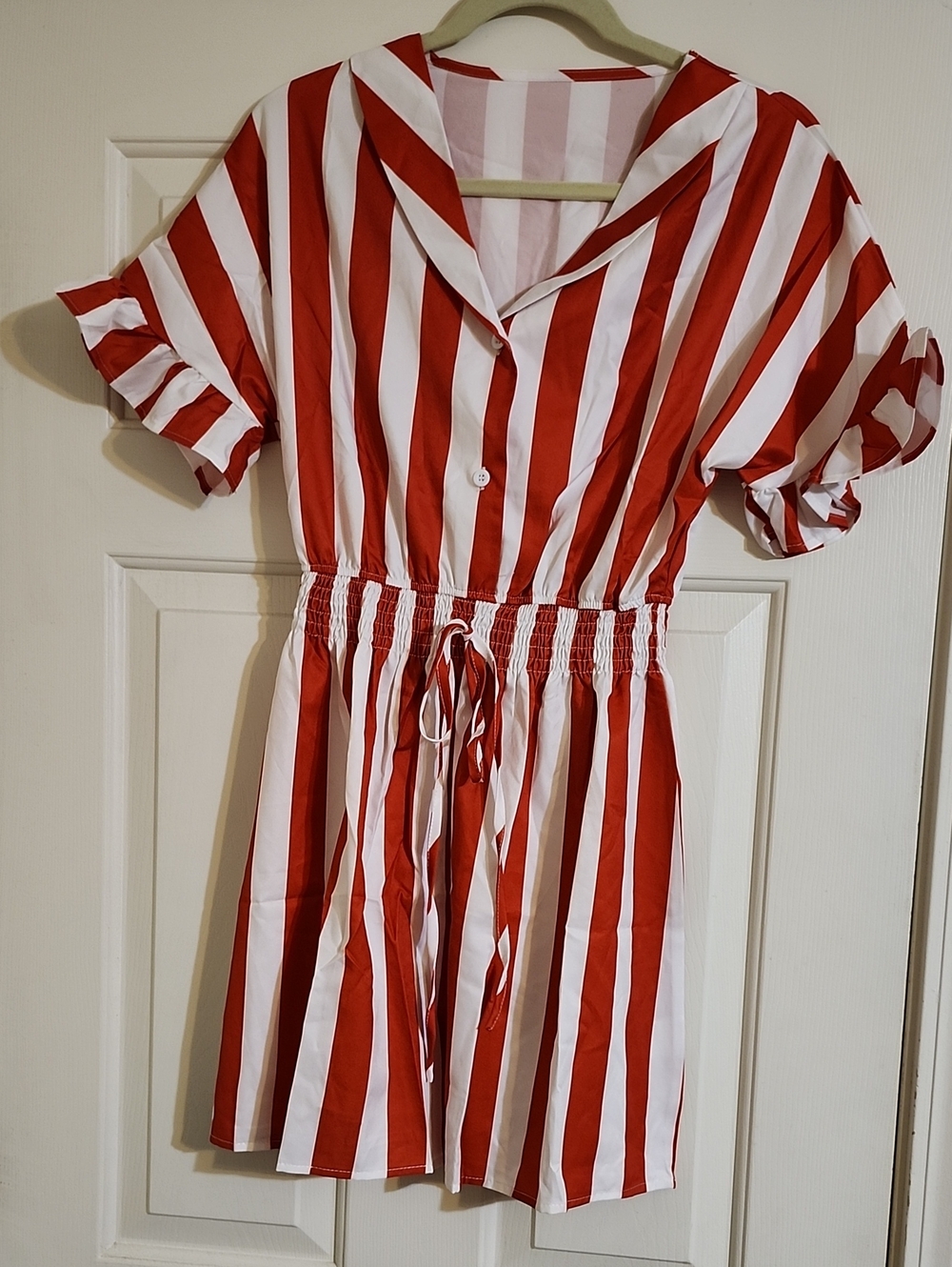Girls' Red and White Striped Drawstring Waist Dress